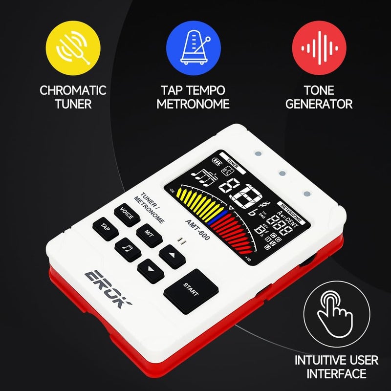 EROK Digital Metronome & Tuner - All-in-One Rechargeable Device with Stereo Headphone Output, Voice Counting, Ideal for Guitar, Bass, Violin & String Instruments (White) - Image 4